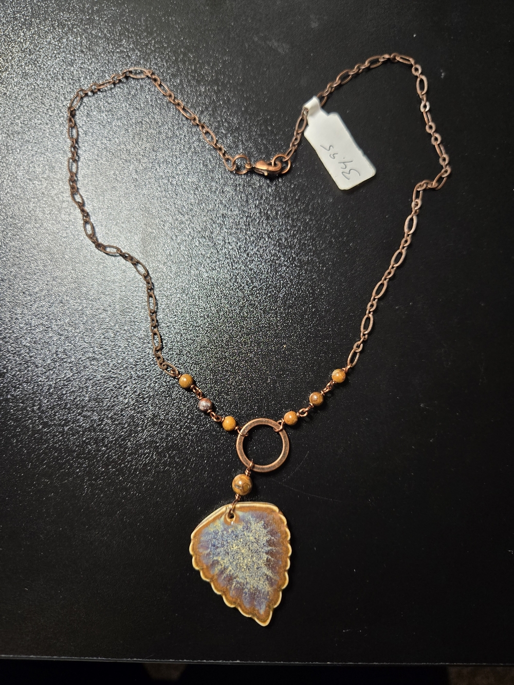 Hand Crafted Copper-Tone Leaf Pendant Necklace with Brown and Gold Beads